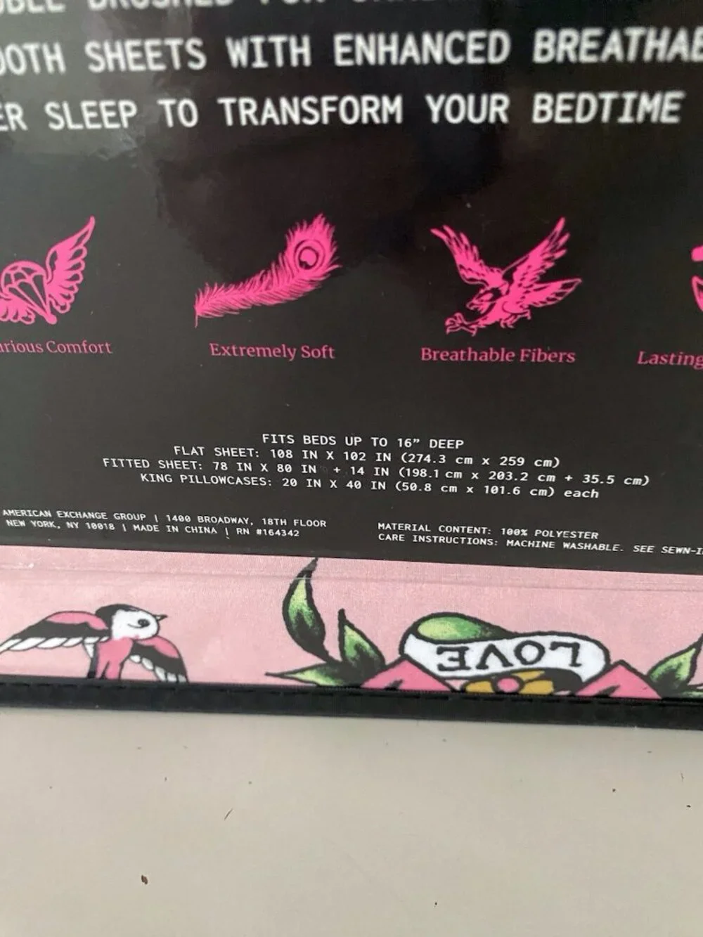 6 Piece Ed Hardy KING‎ Size Sheet Set Pink Logo Skulls Hearts Birds NEW